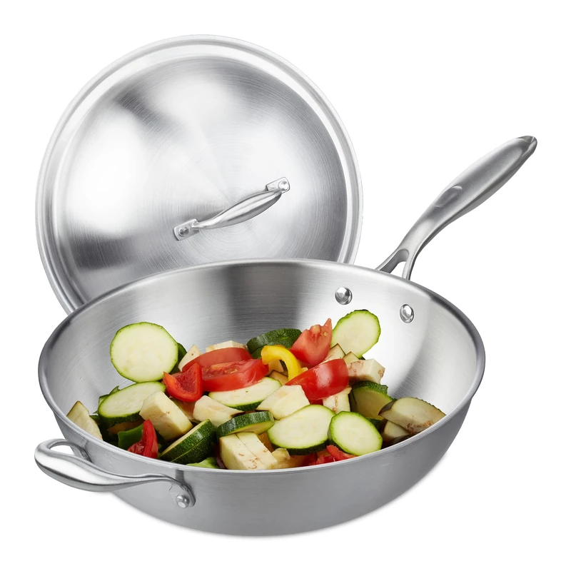 Relaxdays Wok, 32 cm, Uncoated Stainless Steel, Gas, Induction & Electric Hobs, Stir Fry Pan with Lid and Handle, Silver