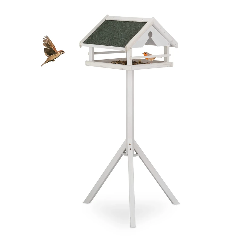Relaxdays Free-Standing Birdhouse, Bird Feeder Table, HxWxD: 120 x 62 x 55 cm, Weatherproof Roof, Wood, White