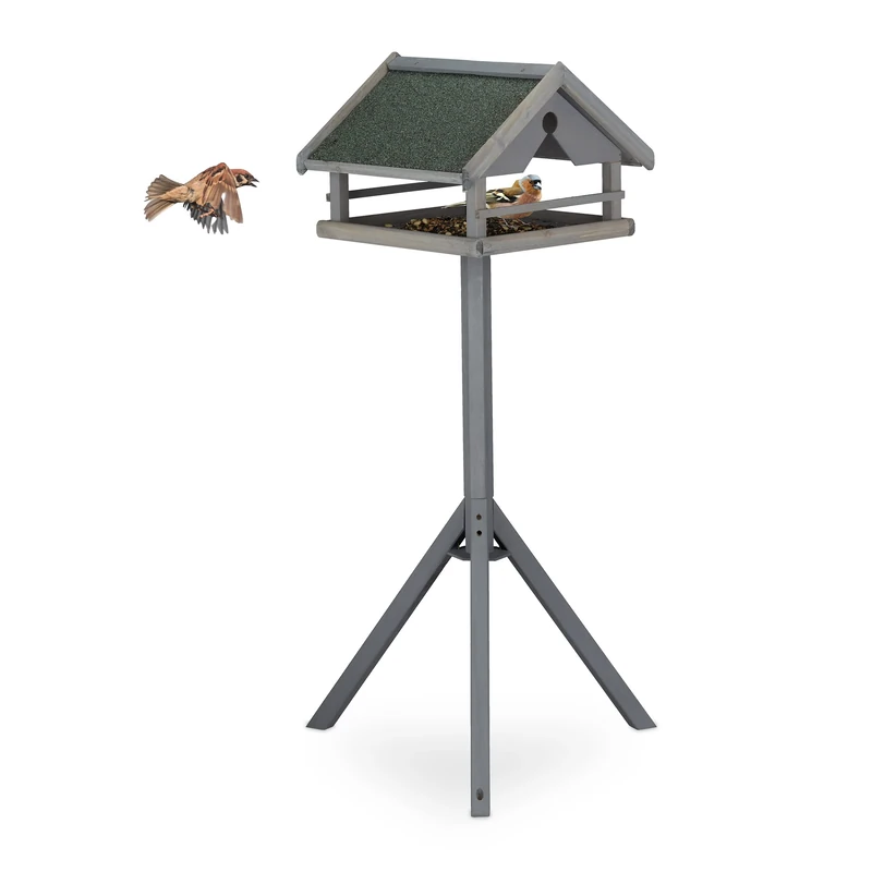 Relaxdays Free-Standing Birdhouse, Bird Feeder Table, HxWxD: 120 x 62 x 55 cm, Weatherproof Roof, Wood, Grey