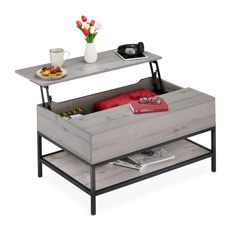 Relaxdays Coffee Table, with Lift Top, Living Room with Storage Space, Wooden Look, HxWxD: 45.5 x 90 x 60 cm, Grey/Black