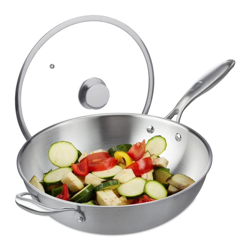 Relaxdays Wok, 32 cm, Uncoated Stainless Steel, Glass Lid, Gas, Induction & Electric Hobs, Stir Fry Pan, Handle, Silver