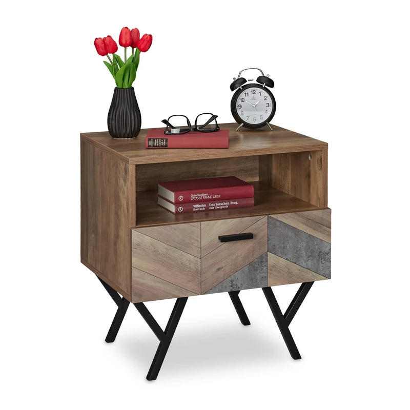 Relaxdays Night Stand, Side Table, Drawer, Industrial, H x W x D: approx. 53 x 50 x 42 cm, Metal, MDF, Brown, Fibreboard