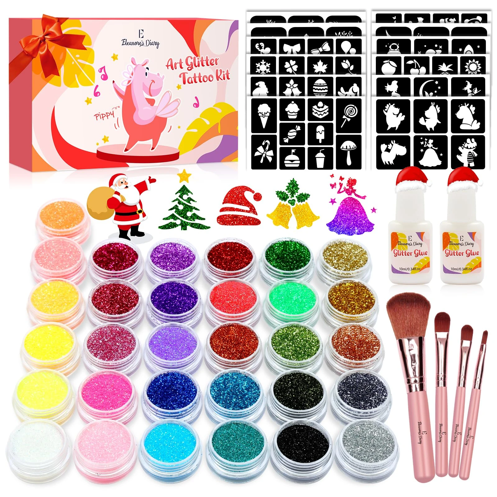 Temporary Glitter Tattoo Kids, Eleanore's Diary 31 Colors,165 Unique Stencils,2 Glue,4 Brushes,Adults & Kids Art Glitter Make Up Kit, Gifts for Girls Boys Easter School Birthday Party