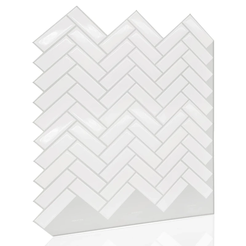 WALPLUS 24pcs 28x20.3cm White Herringbone Glossy 3D Sticker Tile Wall Covering Panelling Decorative Art Splashback for Kitchen Bathroom Paint Stick on Tiles Bedroom Living Room Decors