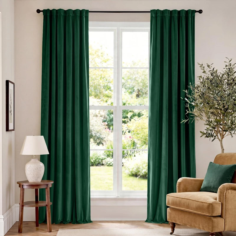 Lazzzy Christmas Velvet Blackout Curtains Emerald Green 90 Inches Long Thermal Insulated Drapes for Bedroom Living Room Darkening Window Treatments Super Soft Luxury Rod Pocket 2 Panels Emerald Green