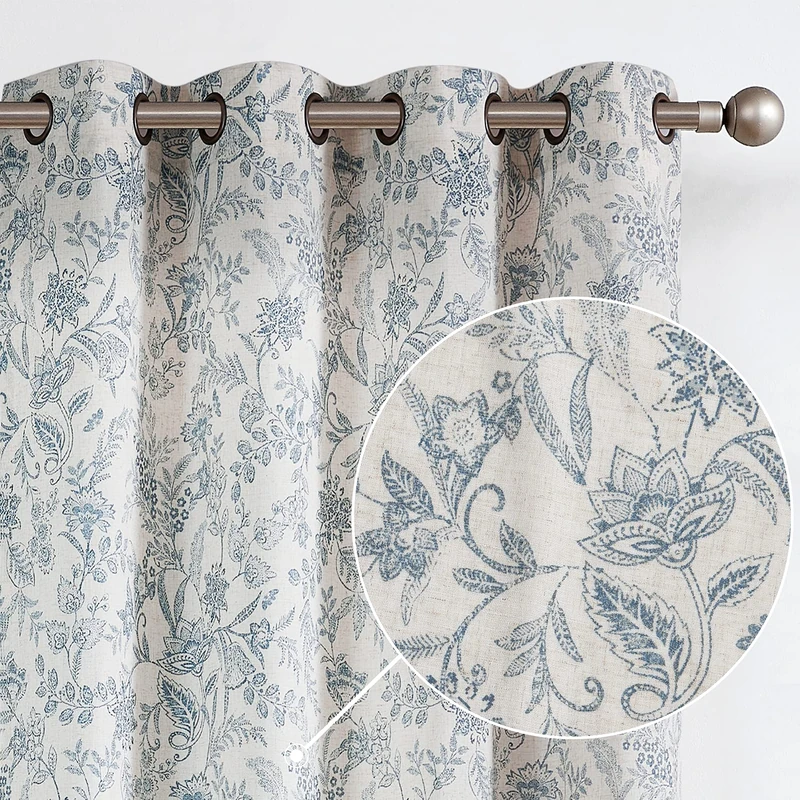 Lazzzy Linen Farmhouse Curtains for Living Room 90 Inch Length Floral Print Window Curtains Semi Sheer Drapes for Bedroom Country Light Filtering Curtain Grommet Top 2 Panels Blue on Beige