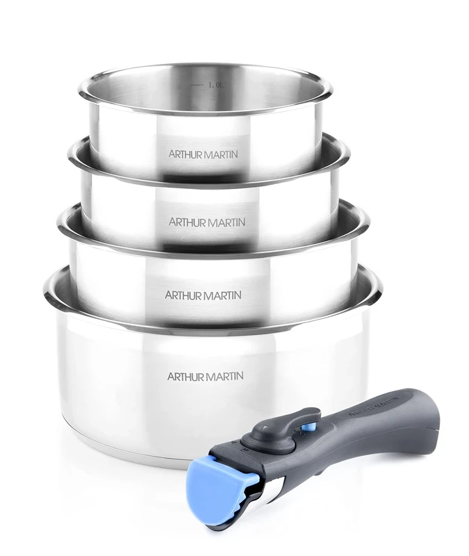 Arthur Martin 5589 5-Piece Forged Aluminium Cookware, Satin Interior with Graduation, Capsule Base, 1 Removable Handle, All Heat Sources Including Induction – 4 Saucepans (14-20 cm) - Image 1
