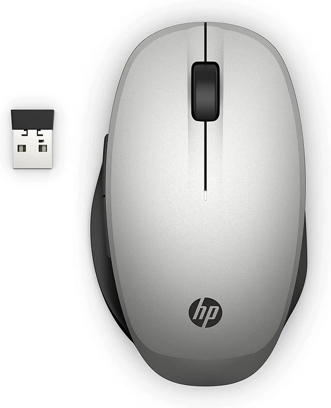 HP PC Dual Mode Mouse 300 | Wireless & Bluetooth | 2 Pre-programmed Buttons | Advanced Encryption Standard (AES) Technology | 2.4GHz Wireless USB Receiver Included | Silver