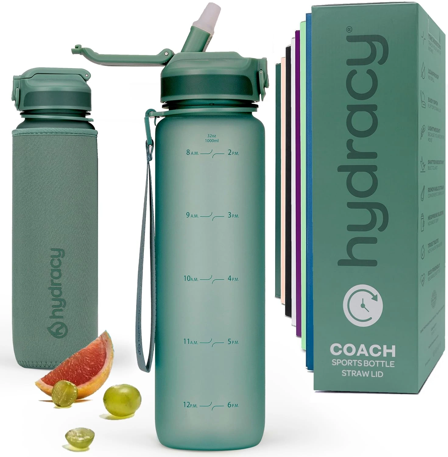 Hydracy Water Bottle with Times to Drink & Straw - Large 1 Litre BPA Free Motivational Water Bottle & No Sweat Sleeve -Leak Proof Gym Bottle with Time Marker - Ideal for Fitness, Sports & Outdoors