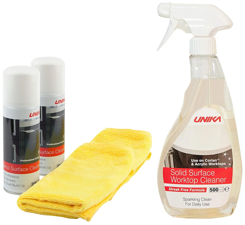 Unika Gloss Surface Cleaner and Microfibre Cloth - Twinpack & Solid Surface Worktop Cleaner, 500ml