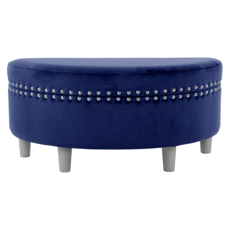 Hodge and Hodge Half Circle Storage Ottoman Plush Velvet Padded Seat Silver Stud Wooden Legs - Navy
