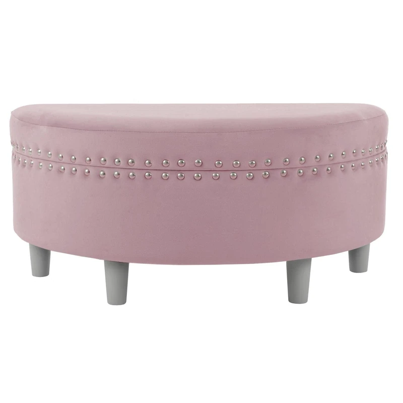 Hodge and Hodge Half Circle Storage Ottoman Plush Velvet Padded Seat Silver Stud Wooden Legs - Pink