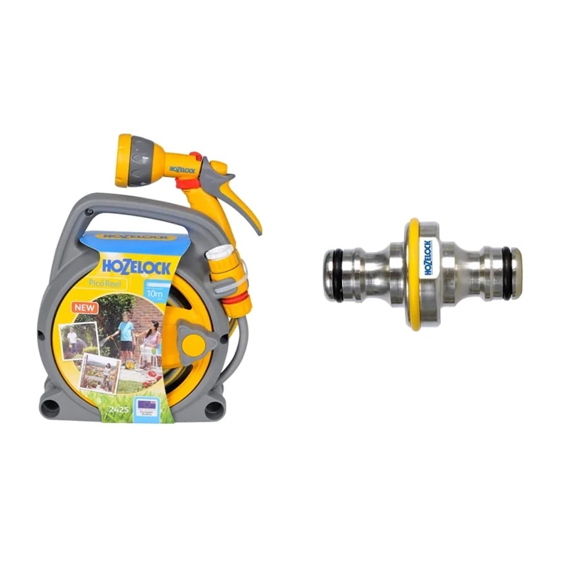 Hozelock Pico Reel with 10m of Small bore Hose, for Patios and Small Gardens & Hozelock 2044P0000 Pro Metal Double Male Hose End Connector, Silver