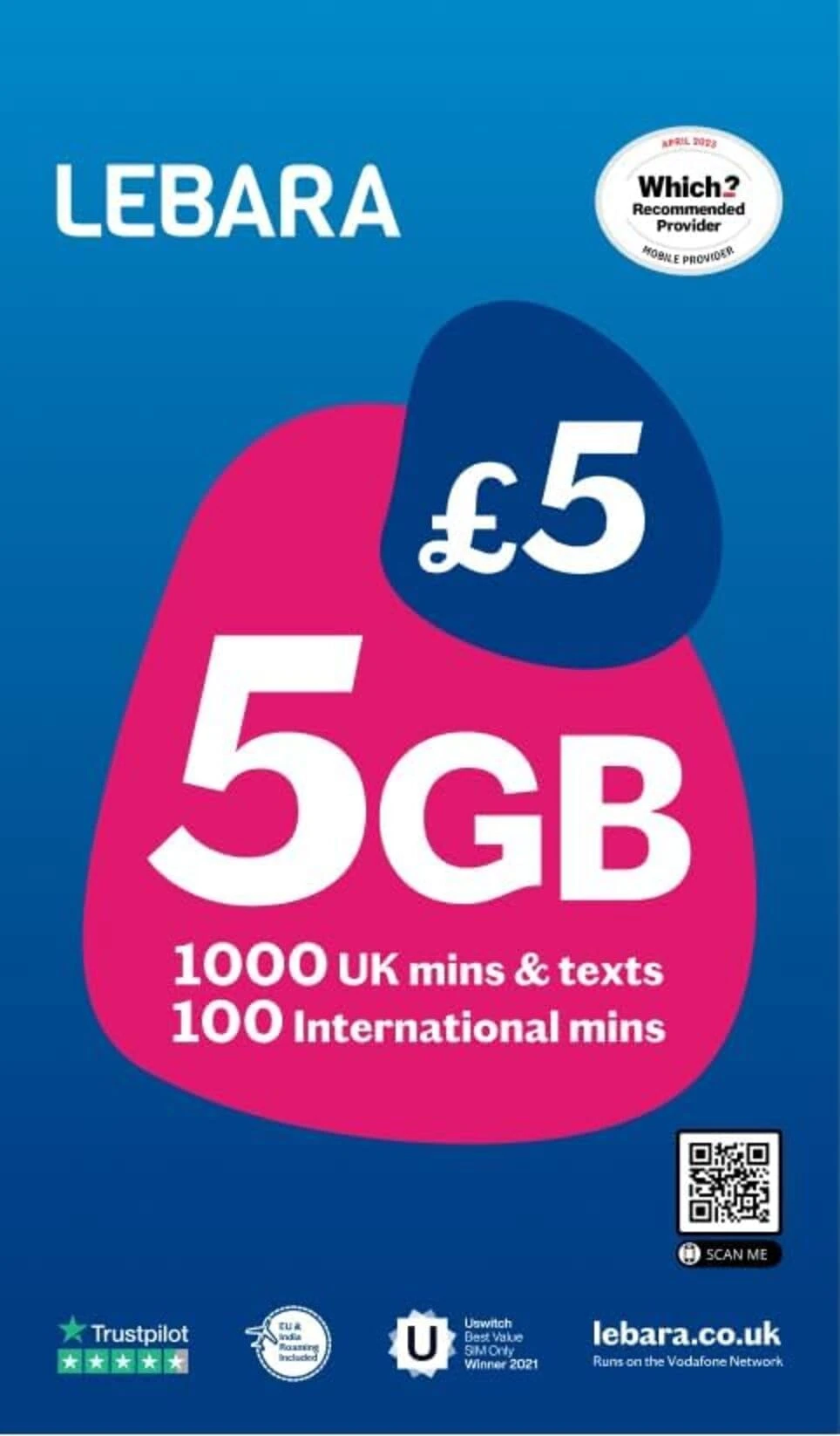 Lebara UK SIM Card - 5GB Data, 1000 UK Minutes & Texts, 100 International minutes