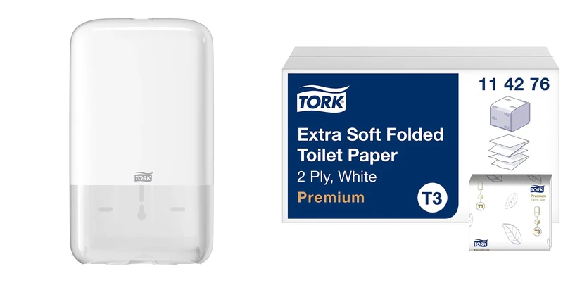 Tork Toilet Paper Dispenser + Refill - T3 - Extra Soft Folded Toilet Paper Refill (30 x 252 sheets)