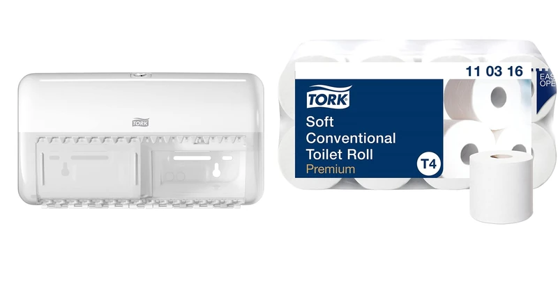 Tork Toilet Paper Wall Mounted Dispenser + Refill - T4 - Extra Soft Conventional Toilet Paper Refill (8 x 250 sheets)