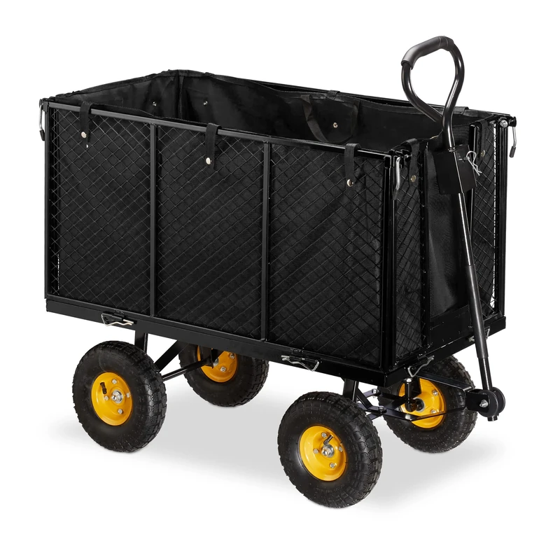 Relaxdays Heavy-Duty Cart, Large Trolley, Folding Sides, Removable Sack with Handles, Wagon, up to 500 kg, Black/Yellow