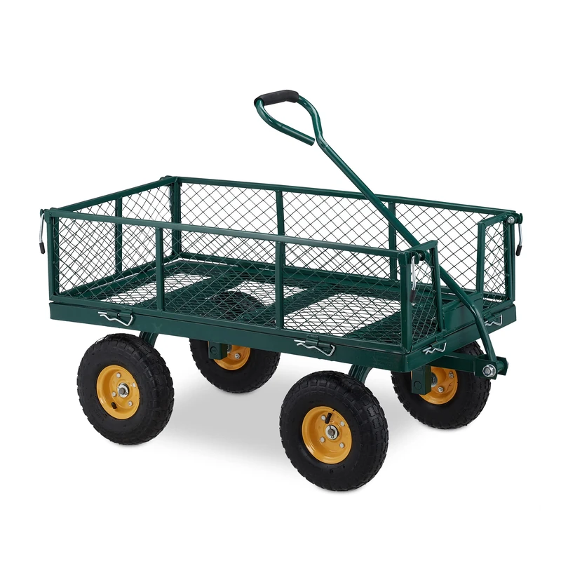 Relaxdays Heavy-Duty Cart, Practical Garden Trolley, Pneumatic Wheels, Fold Down Sides, up to 250 kg, Steel, Green