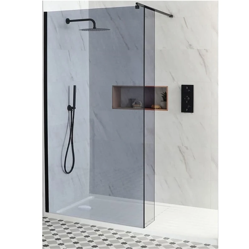 Milano Nero Black Smoked Glass Frameless Shower Enclosure Return Drying Tray - 1700mm x 800mm