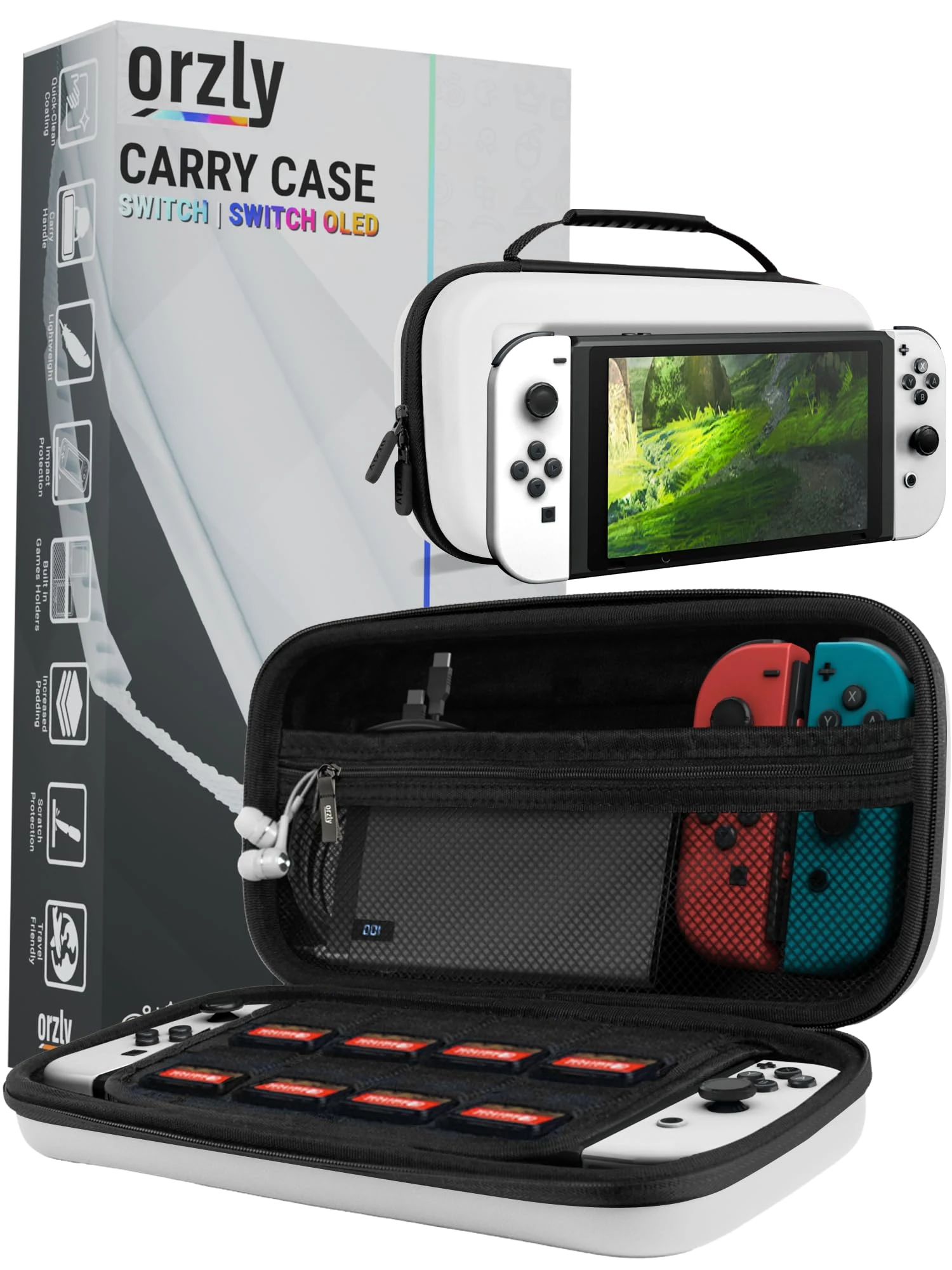 Orzly Carry Case for White Nintendo Switch OLED Console with Accessories and Games Storage Compartment - Easy Clean Case Gift Boxed Edition