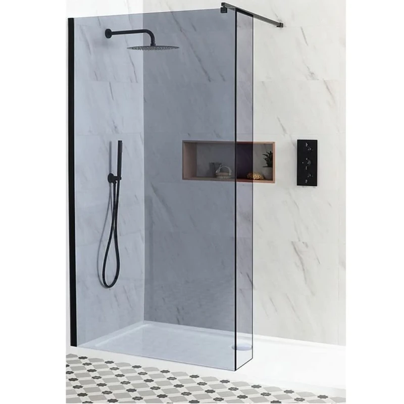 Milano Nero Black Smoked Glass Frameless Shower Enclosure Return White Tray -1100mm x 700mm