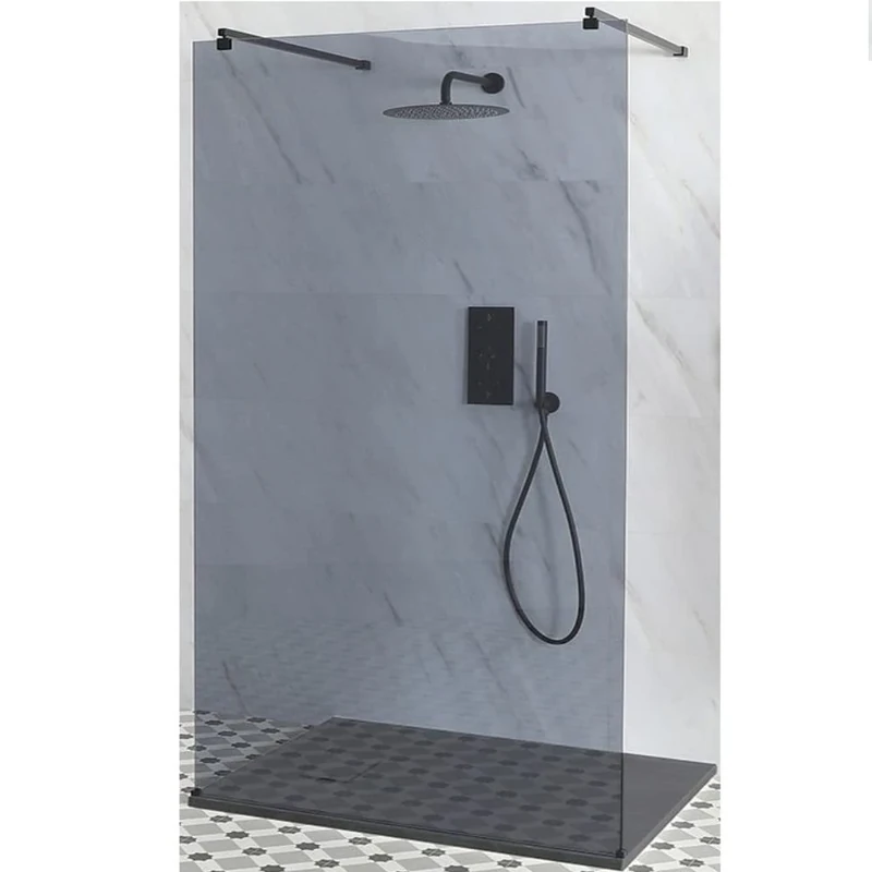 Milano Nero Black Floating Smoked Glass Frameless Shower Enclosure Light Grey Tray - 1400mm x 800mm