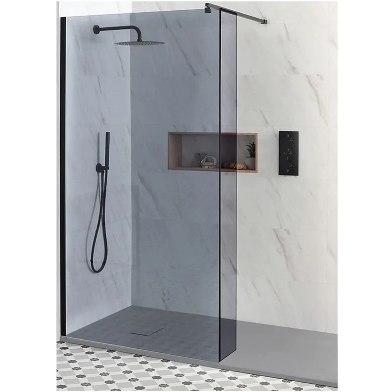 Milano Nero Black Smoked Glass Frameless Shower Enclosure Return Light Grey Tray - 1700mm x 900mm