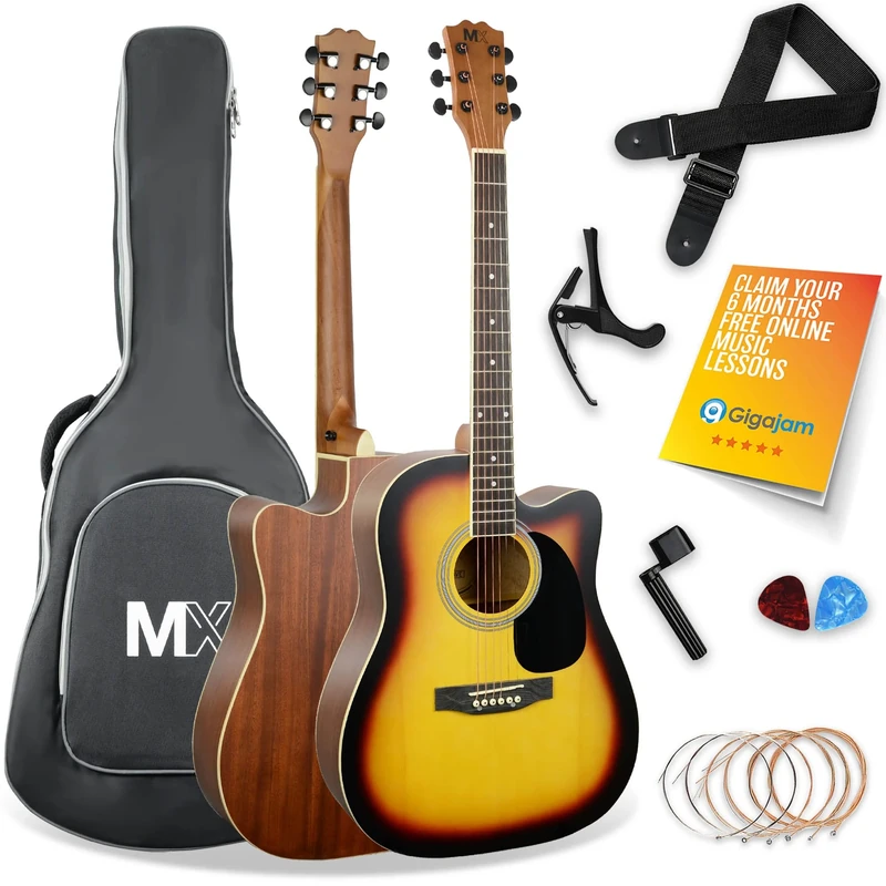 MX by 3rd Avenue Performance Series Acoustic Guitar Full Size Guitar Package with Sunburst Cutaway Spruce Top
