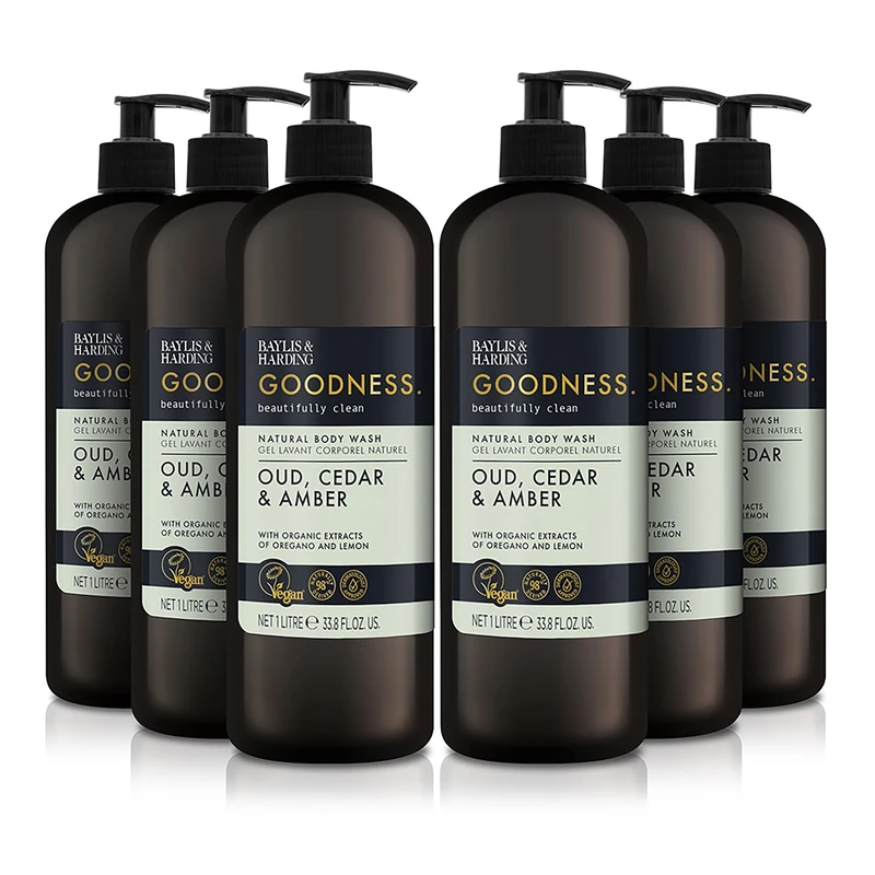 Baylis & Harding Goodness Oud, Cedar & Amber Body Wash, 1 Litre (Pack of 6) - Vegan Friendly