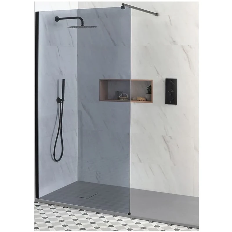 Milano Nero Black Recessed Smoked Glass Frameless Shower Enclosure Light Grey Tray - 1600mm x 800mm