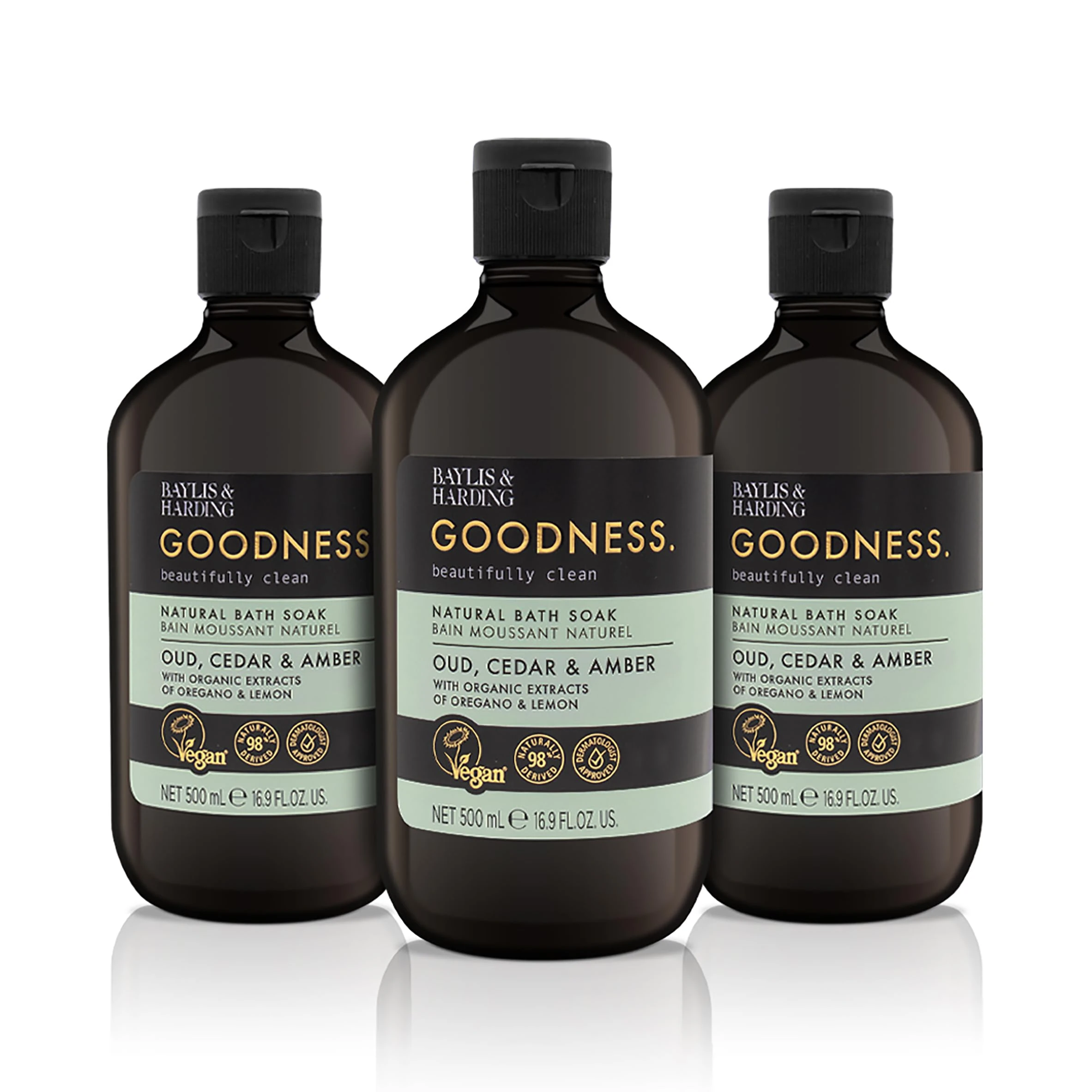 Baylis & Harding Goodness Oud, Cedar & Amber Bath Soak, 500 ml (Pack of 3) - Vegan Friendly
