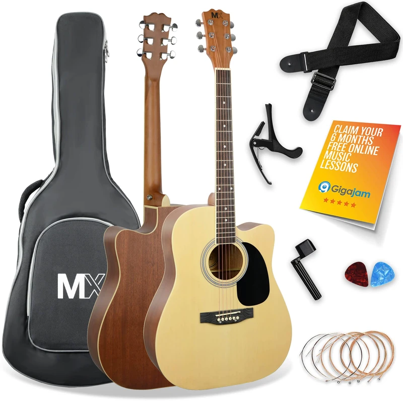 MX by 3rd Avenue Performance Series Acoustic Guitar Full Size Guitar Package with Natural Cutaway Spruce Top