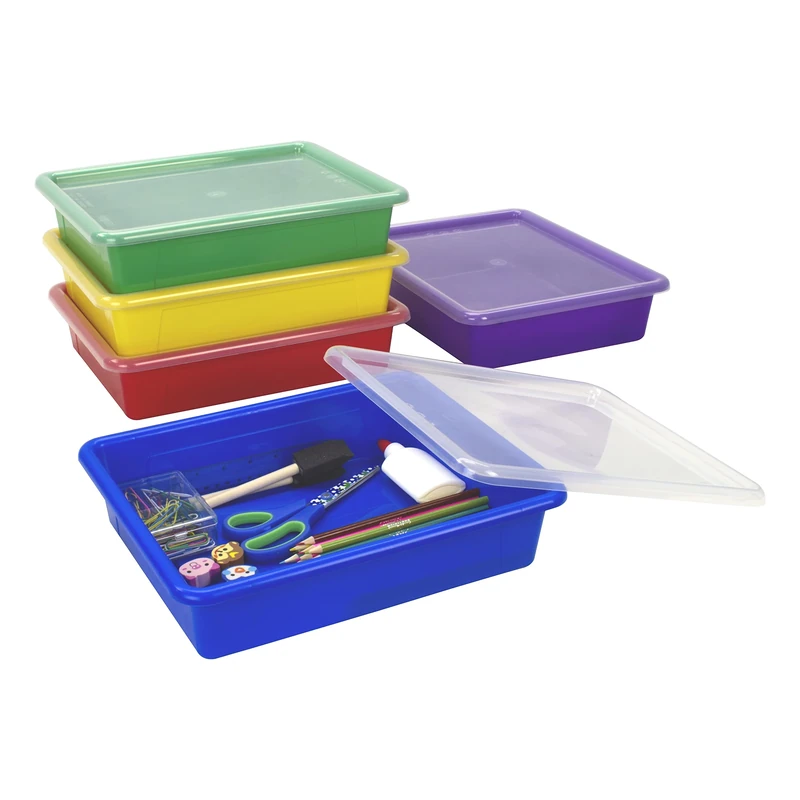 Storex Letter Size Flat Storage Tray – Organizer Bin with Non-Snap Lid for Classroom, Office and Home, Assorted Colors, 5-Pack (62534A05C)