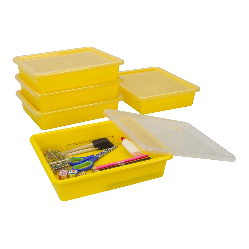 Storex Letter Size Flat Storage Tray – Organizer Bin with Non-Snap Lid for Classroom, Office and Home, Yellow, 5-Pack (62538A05C)