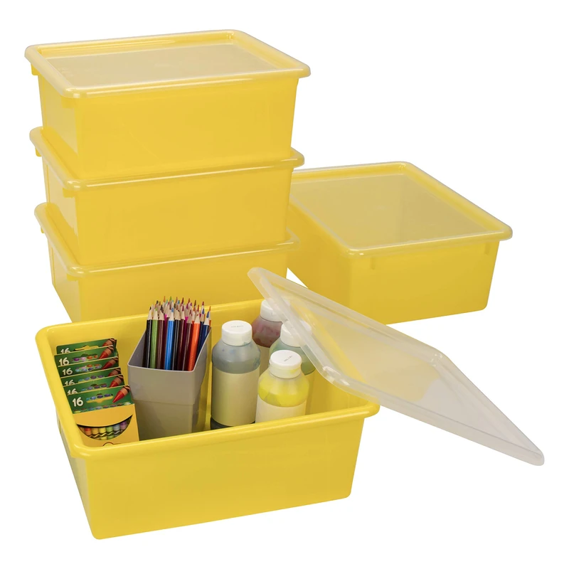 Storex Letter Size Deep Storage Tray – Organizer Bin with Non-Snap Lid for Classroom, Office and Home, Yellow, 5-Pack (62546A05C)