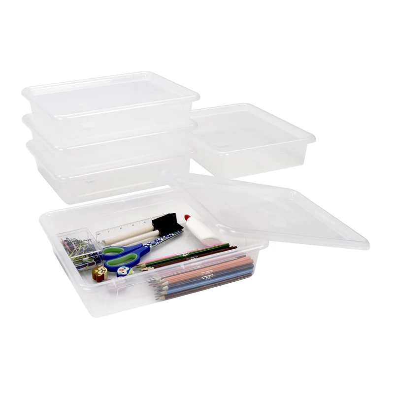 Storex Letter Size Deep Storage Tray – Organizer Bin with Non-Snap Lid for Classroom, Office and Home, Translucent, 5-Pack (62566A05C)