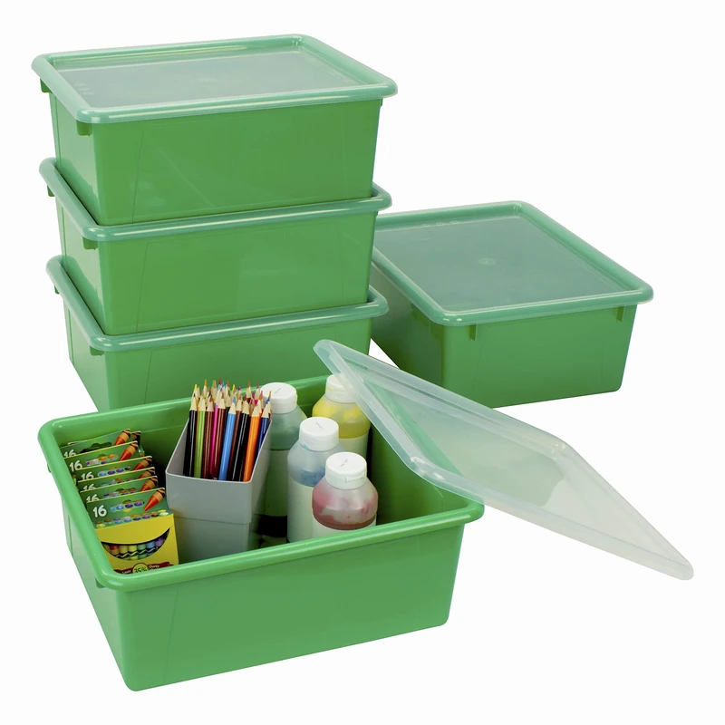 Storex Letter Size Deep Storage Tray – Organizer Bin with Non-Snap Lid for Classroom, Office and Home, Green, 5-Pack (62547A05C), 10 x 13 x 5 Inches