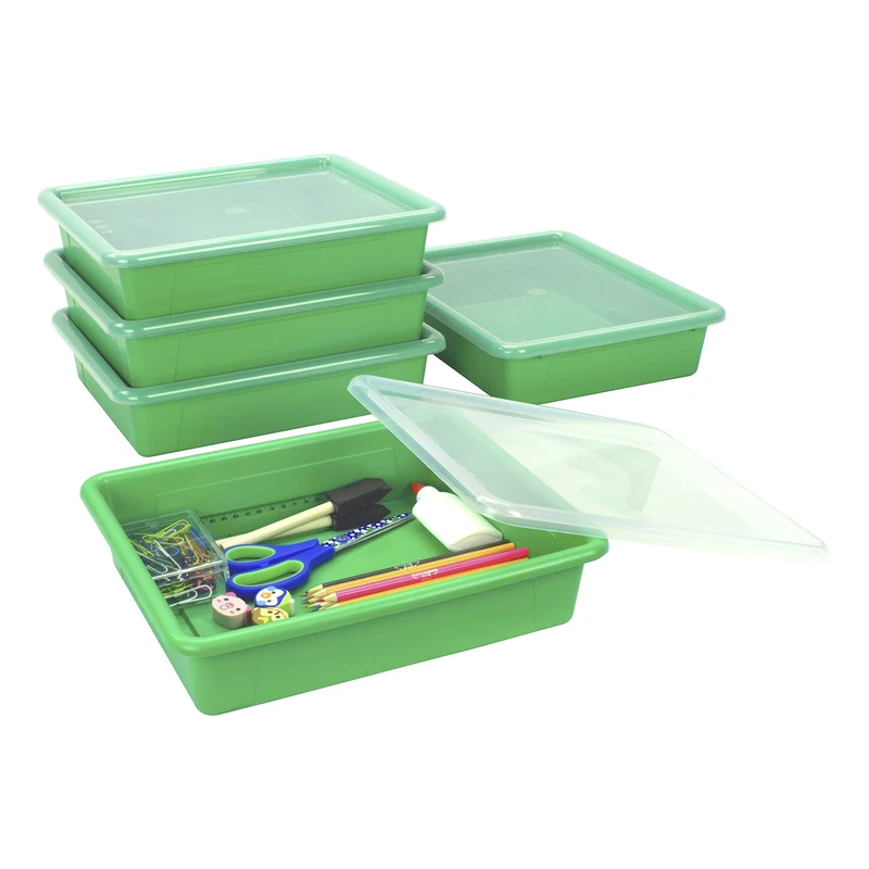 Storex Letter Size Flat Storage Tray – Organizer Bin with Non-Snap Lid for Classroom, Office and Home, Green, 5-Pack (62539A05C)