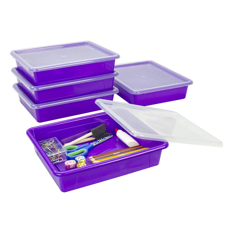 Storex Letter Size Flat Storage Tray – Organizer Bin with Non-Snap Lid for Classroom, Office and Home, Violet, 5-Pack (62540A05C)
