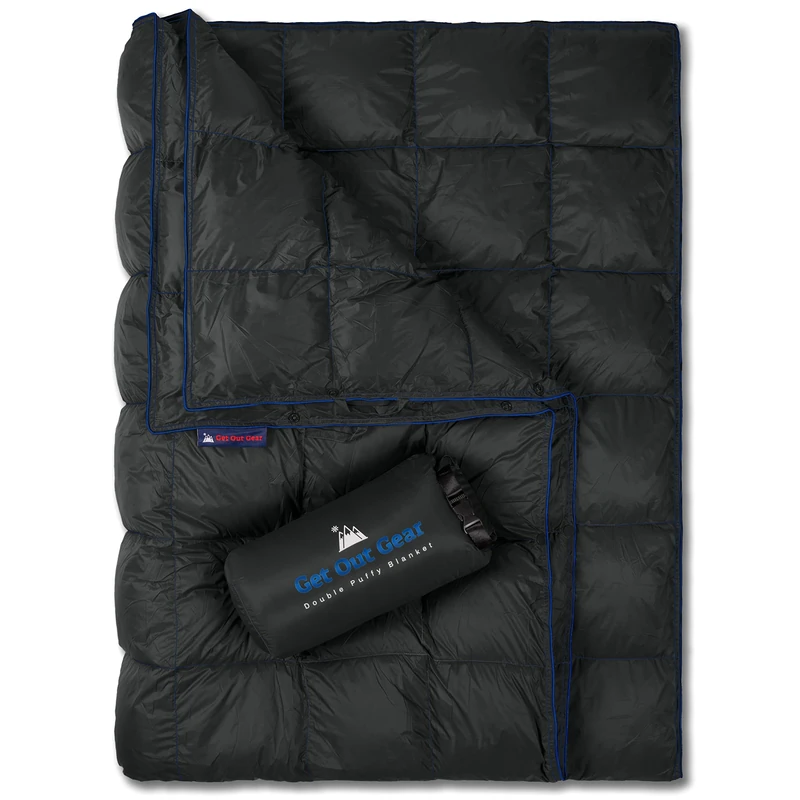 Get Out Gear Double Puffy Camping Blanket - Extra Puffy, Packable, Lightweight and Warm | Ideal for Outdoors, Travel, Stadium, Festivals, Beach, Hammock | Water-Resistant Camp Quilt (Black/Blue)