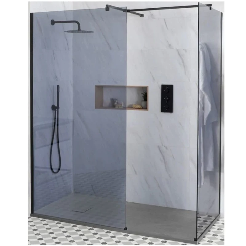 Milano Nero Black Corner Smoked Glass Frameless Shower Enclosure Light Grey Tray - 1500mm x 900mm