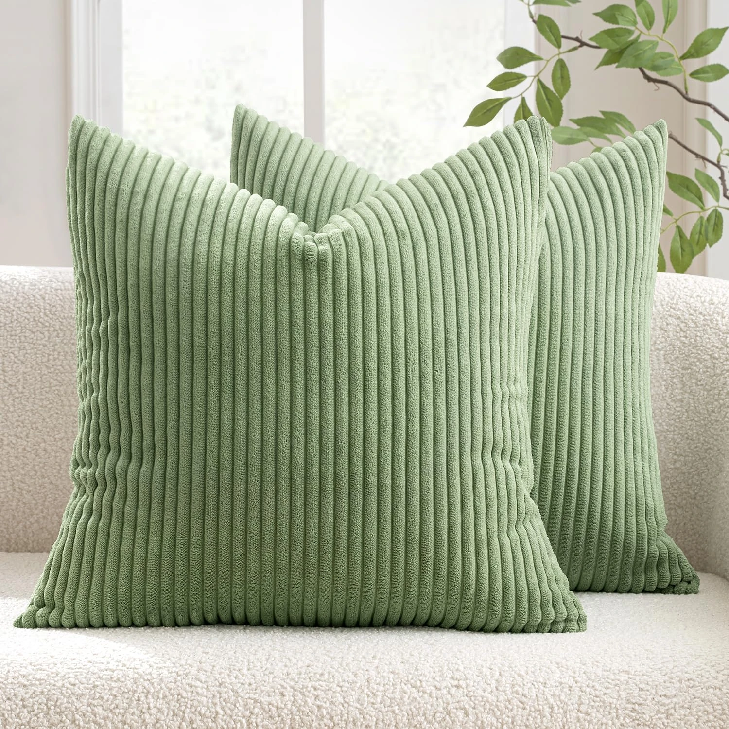 MIULEE Set of 2 Striped Corduroy Square Throw Pillow Case Soft Cushion Covers Sham Home for Sofa Couch/Bedroom Decorative Fluffy Large Pillowcases 18x18 Inch 45x45cm Sage Green