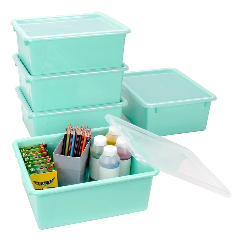 Storex Letter Size Deep Storage Tray – Organizer Bin with Non-Snap Lid for Classroom, Office and Home, Teal, 5-Pack (62549A05C)