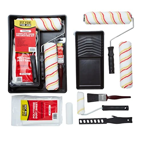 Fit For The Job 11Pcs Paint Rollers and Trays Set with Paint Brush, Dust Sheet – Roller Sets for Painting Walls & Ceilings with Emulsion, Mini Rollers for Painting Wood & Metal with Gloss & Satin