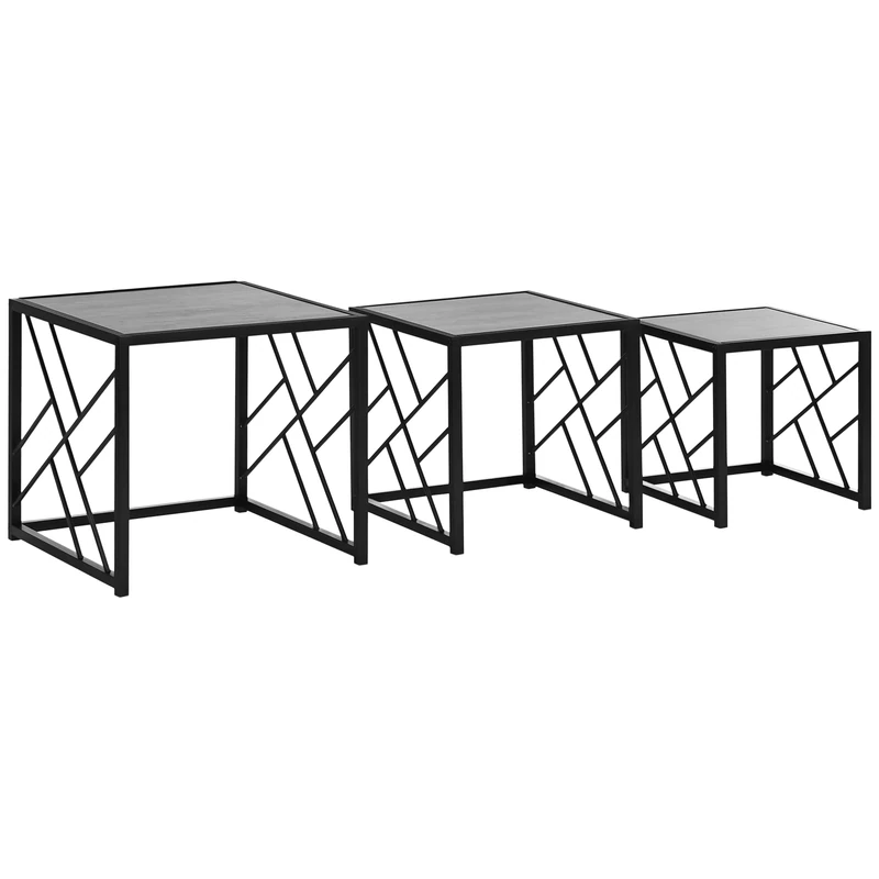 HOMCOM Nesting Coffee Tables, Set of 3 Square Side Tables with Black Metal Frame, for Living Room, Bedroom and Office, Grey