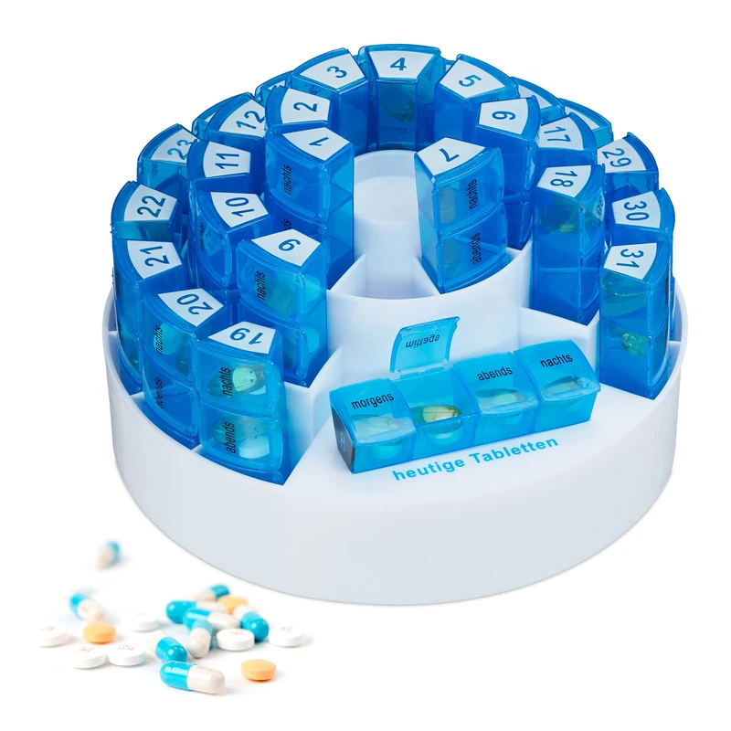 Relaxdays Pill Box, Medication Sorter for 31 Days, 4 Compartments for Each, BPA-Free Plastic, HxØ: 14 x 21cm, White/Blue