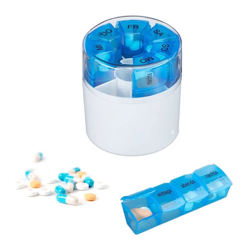 Relaxdays Round Pill Box 7 Days 4 Compartments, German Labelled, BPA Free, Medication Sorter, HWD: 10x9x9 cm, Blue/White