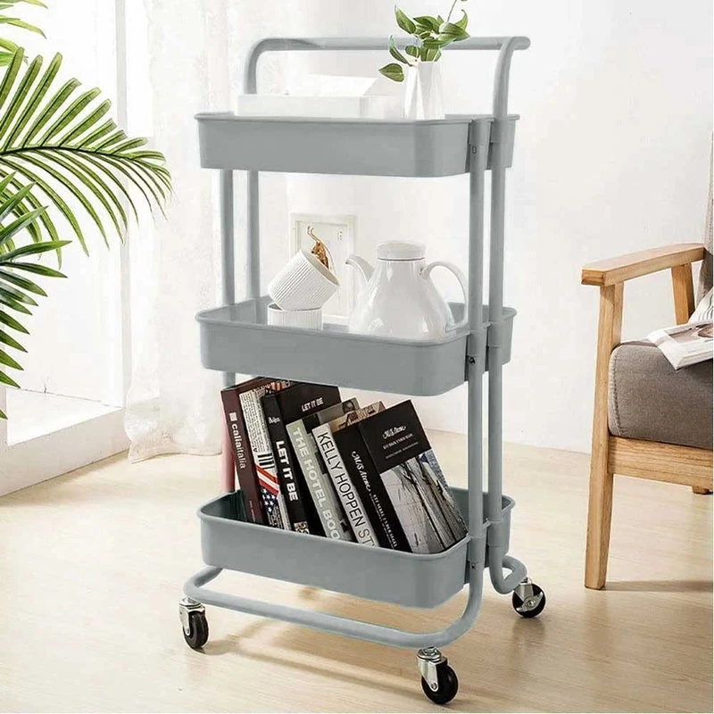 BAKAJI Metal Kitchen Trolley Trolley with 3 Plastic Shelves and 4 360 Degree Swivel Casters with Brake Trolley Space Saving Home Kitchen Furniture Size 32.5 x 75 x 25 cm Modern (Grey)