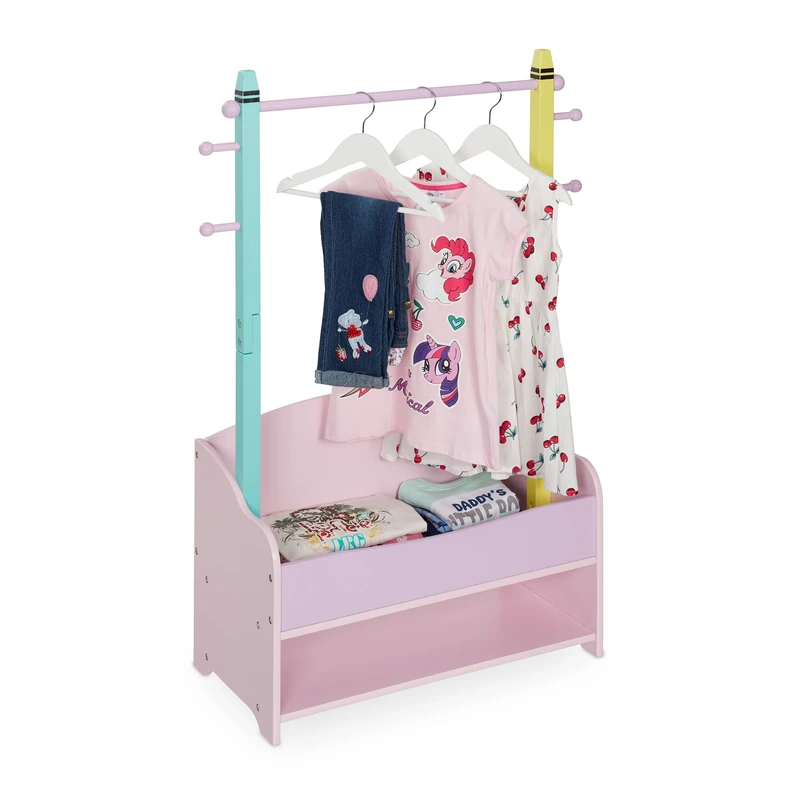 Relaxdays Children's Clothes Rack, Coat Rail Kids' Room, 4 Hooks, 2 Shelves, HWD: 100.5x71x30 cm, Wardrobe, Colourful, Fibreboard