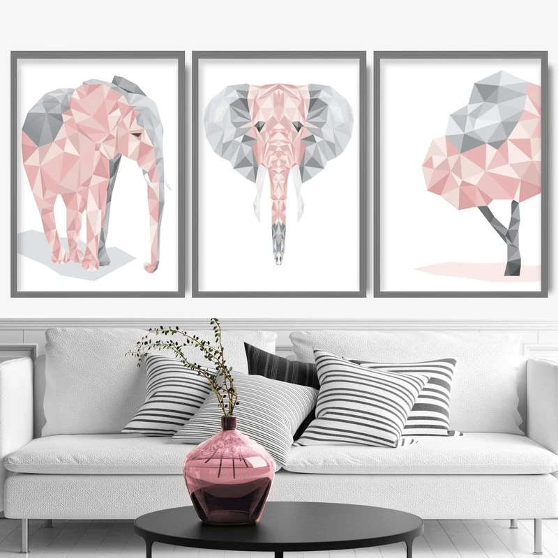 Artze Wall Art Geometric Elephant Art Prints 3-Piece Set, 40 cm Width x 50 cm Height, Blush Pink